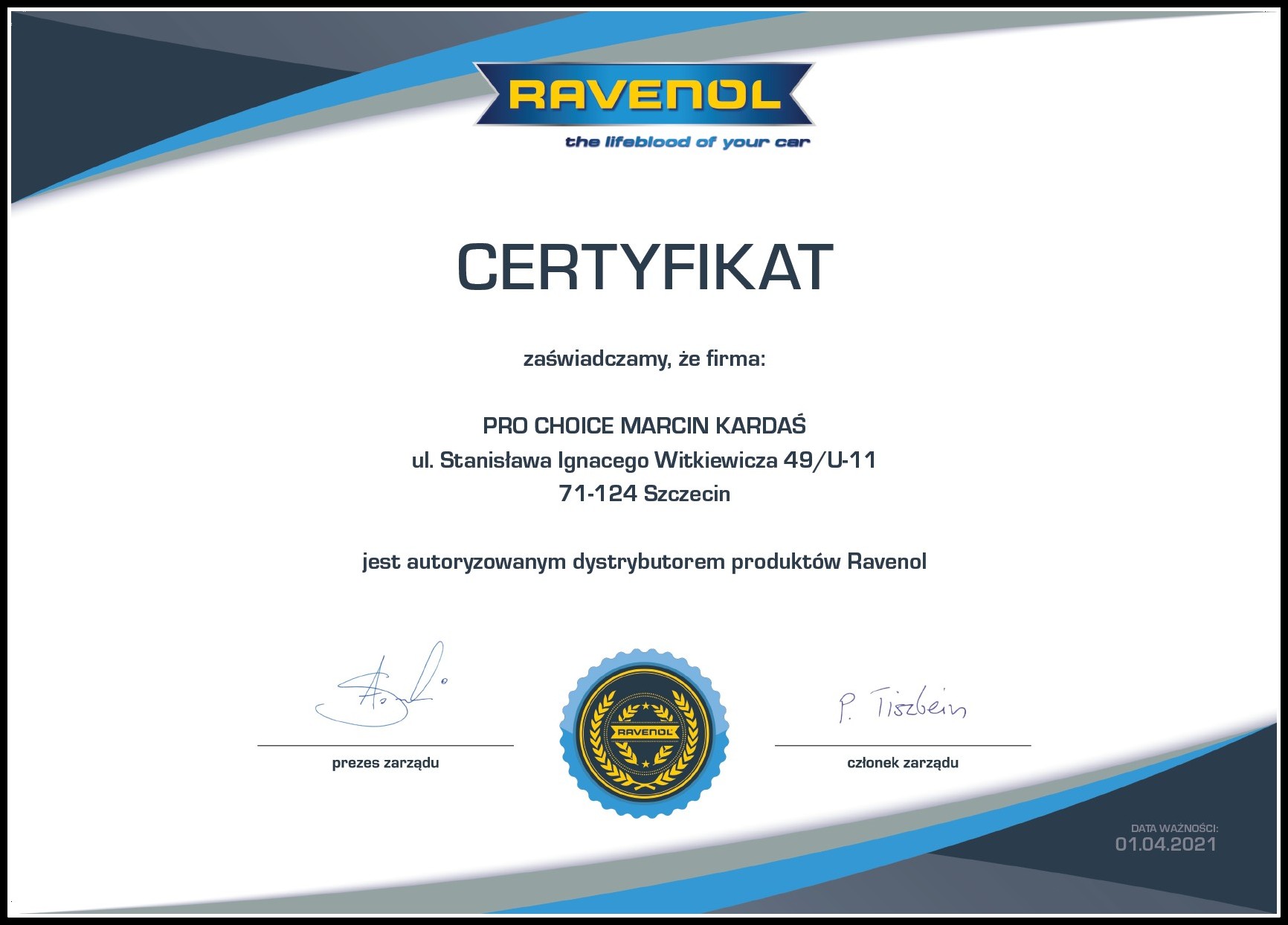 Certyfikat Ravenol